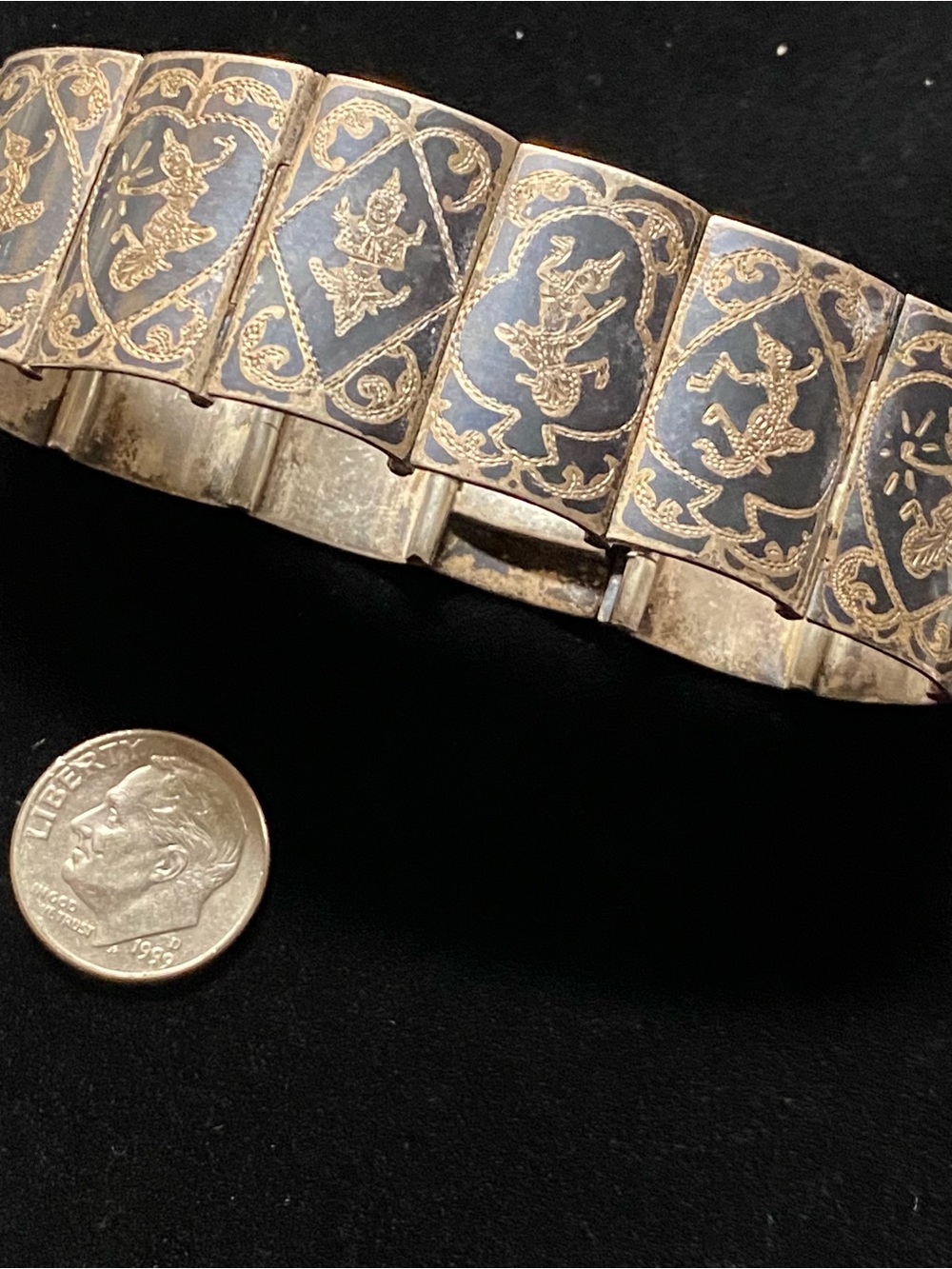 Vintage sterling silver Siam niello dancing goddesses bracelet